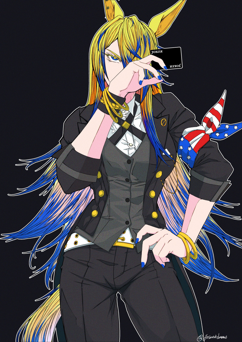 1girl, absurdres, american_flag, american_flag_print, animal_ears, bandana_around_arm, belt, black_jacket, black_pants, blonde_hair, blue_eyes, blue_hair, blue_nails, breasts, card, collared_shirt, commentary_request, cowboy_shot, ear_piercing, flag_print, highres, holding, holding_card, horse_ears, horse_girl, horse_tail, jacket, jewelry, jose_(joseeidossei), long_hair, looking_at_viewer, multicolored_hair, obey_your_master_(umamusume), pants, piercing, shirt, solo, tail, two-tone_hair, umamusume, umamusume:_cinderella_gray, white_belt, white_shirt