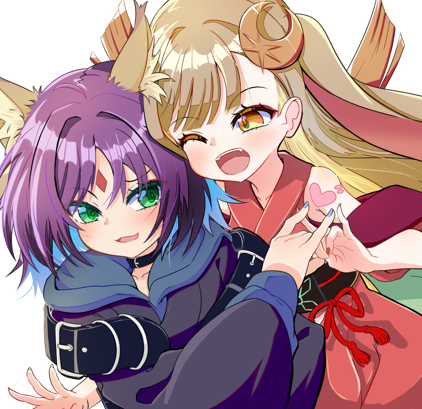 2girls, animal_ears, blue_hoodie, blue_kimono, blush, brown_eyes, cho_kaguya-hime!, clothing_cutout