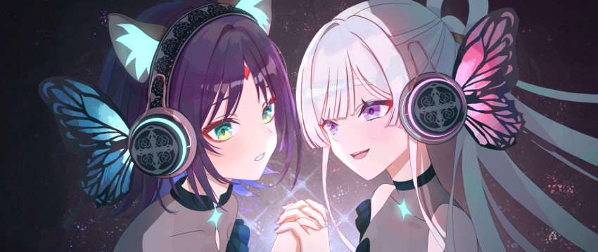 2girls, animal_ears, cho_kaguya-hime!, colored_inner_hair, commentary, english_commentary, forehead_jewel, fox_ears
