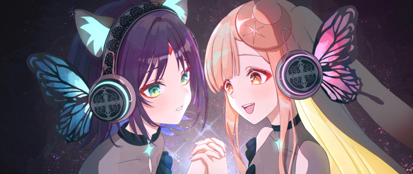 2girls, animal_ears, blonde_hair, brown_eyes, brown_hair, cho_kaguya-hime!, commentary, crescent