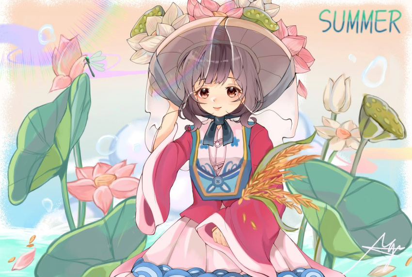 1girl, ao_nhat_binh, artist_request, black_eyes, black_hair, check_artist, flower, hat, highres, lotus, lotus_leaf, mini_world, petals, sitting, smile, veil, vietnamese_clothes, wide_sleeves