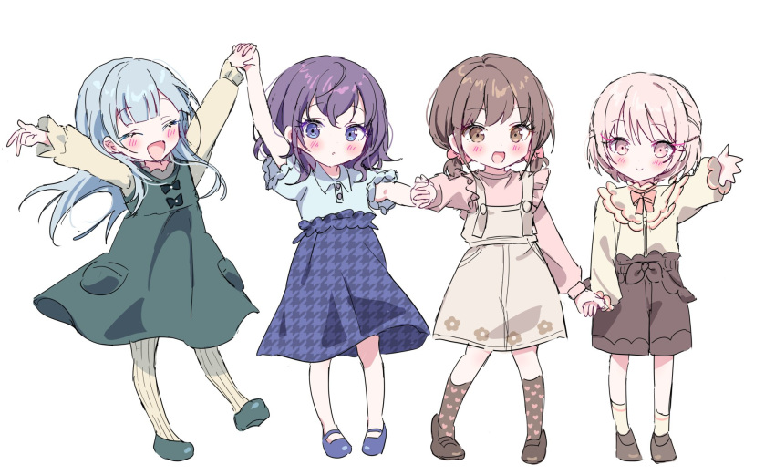 1other, 25-ji_nightcord_de._(project_sekai), 3girls, :d, :o, ^_^, aged_down, akiyama_mizuki, ankle_socks, arm_up, arms_up, asahina_mafuyu, blue_eyes, blue_hair, blue_shoes, blue_skirt, blush, bow, bowtie, brown_eyes, brown_hair, brown_shoes, brown_shorts, brown_skirt, brown_socks, buttons, child, closed_eyes, closed_mouth, collared_shirt, commentary, dot_nose, dress, dress_bow, floral_print, floral_print_skirt, flower, frilled_shirt, frilled_shirt_collar, frilled_sleeves, frills, full_body, green_bow, green_dress, green_shoes, hair_bow, half_updo, happy, heart, heart_print, highres, holding_hands, kneehighs, loafers, long_hair, long_sleeves, low_twintails, mary_janes, medium_hair, mizu_non_(non), multicolored_eyes, multiple_girls, open_mouth, other_focus, pantyhose, pink_bow, pink_bowtie, pink_eyes, pink_hair, pink_shirt, print_skirt, project_sekai, puffy_short_sleeves, puffy_sleeves, purple_hair, shinonome_ena, shirt, shoes, short_hair, short_sleeves, shorts, sidelocks, simple_background, skirt, smile, socks, striped_clothes, striped_pantyhose, suspender_skirt, suspenders, twintails, two-tone_eyes, v, violet_eyes, wavy_hair, wavy_sidelocks, white_background, yellow_pantyhose, yellow_shirt, yellow_socks, yoisaki_kanade