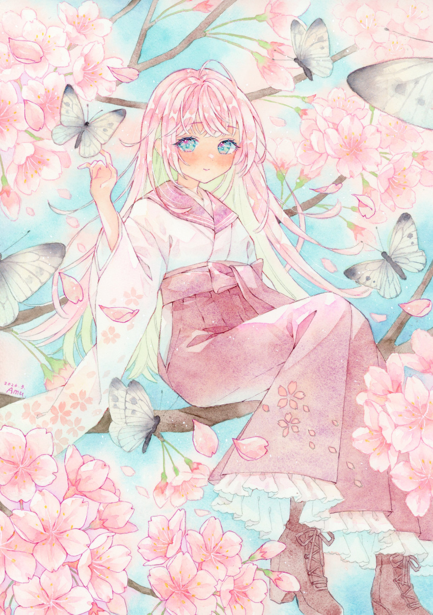 1girl, absurdres, ahoge, amu_(m_aa), animal, artist_name, blonde_hair, blush, boots, branch, brown_boots, bug, butterfly, cherry_blossoms, closed_mouth, colored_inner_hair, dot_nose, flower, highres, japanese_clothes, kimono, long_hair, looking_at_viewer, multicolored_hair, original, painting_(medium), parted_bangs, petals, pink_hair, pink_sailor_collar, print_kimono, sailor_collar, sailor_kimono, sash, signature, sitting_on_branch, smile, traditional_media, very_long_hair, watercolor_(medium)