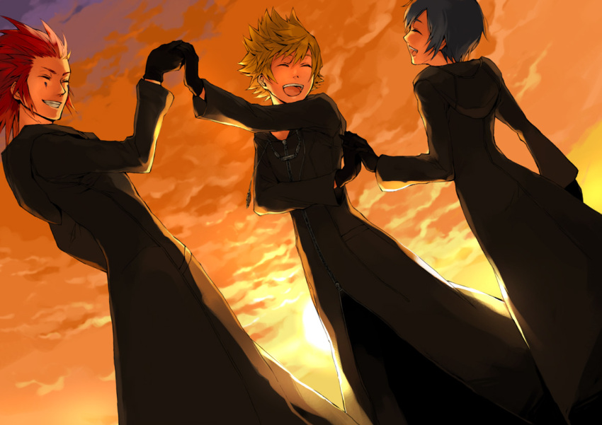 bad_id, black_gloves, black_hair, blonde_hair, cloak, closed_eyes, cloud, eyes_closed, facial_mark, gloves, grin, hand_holding, holding_hands, kikori_(soranoura), kingdom_hearts, kingdom_hearts_358/2_days, laughing, open_mouth, red_hair, redhead, roxas, short_hair, sky, smile, standing, sunset, xion_(kingdom_hearts)