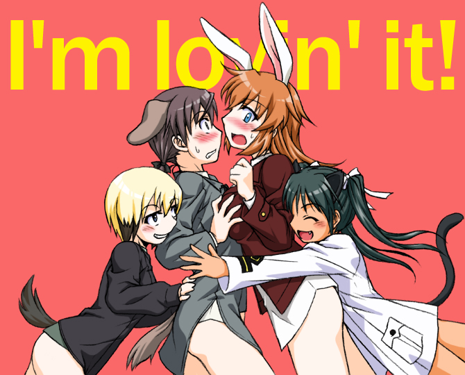animal_ears, black_hair, blue_eyes, blush, breast_grab, breast_press, breasts, brown_eyes