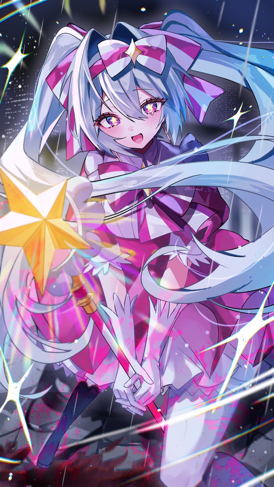 1girl, blue_hair, bow, commentary_request, dress, gloves, hatsune_miku, highres