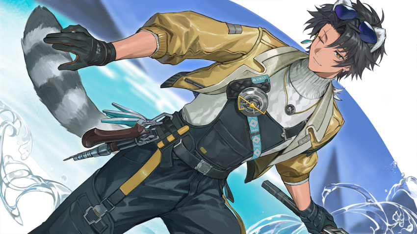 1boy, alesh_(arknights), animal_ears, arknights, belt, bishounen, black_belt, black_gloves, black_hair, closed_mouth, dark-skinned_male, dark_skin, earrings, eyewear_on_head, gloves, hashibiro_kou_(garapiko_p), highres, holding, jacket, jewelry, looking_at_viewer, male_focus, necklace, official_art, one_eye_closed, open_clothes, open_jacket, overalls, pants, raccoon_boy, raccoon_ears, raccoon_tail, scar, scar_across_eye, scar_on_face, short_hair, smile, solo, sunglasses, sweater, tail, third-party_source, turtleneck, turtleneck_sweater, water, waves, white_sweater, yellow_eyes, yellow_jacket