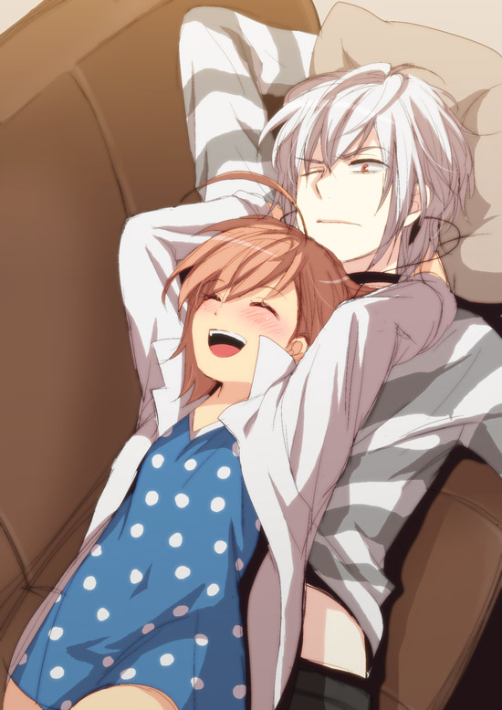 ^_^, accelerator, accelerator_family, ahoge, albino, arms_behind_head, brown_hair, choker