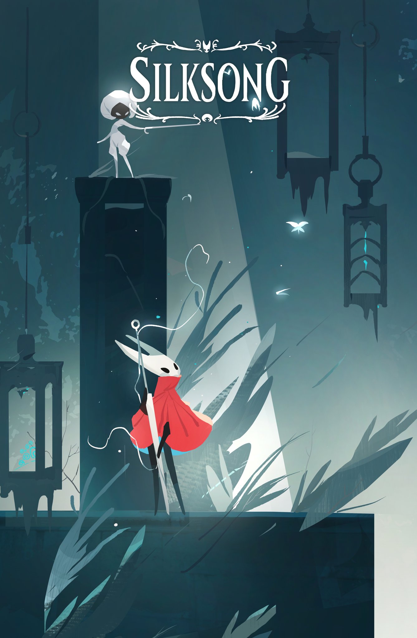 2girls, arthropod_girl, black_eyes, black_skin, blank_eyes, bodysuit, cage, cloak