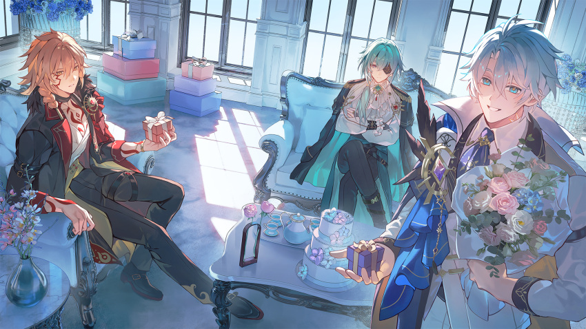 3boys, alternate_costume, anaxa_(honkai:_star_rail), antenna_hair, armchair, black_pants, black_shoes, blonde_hair