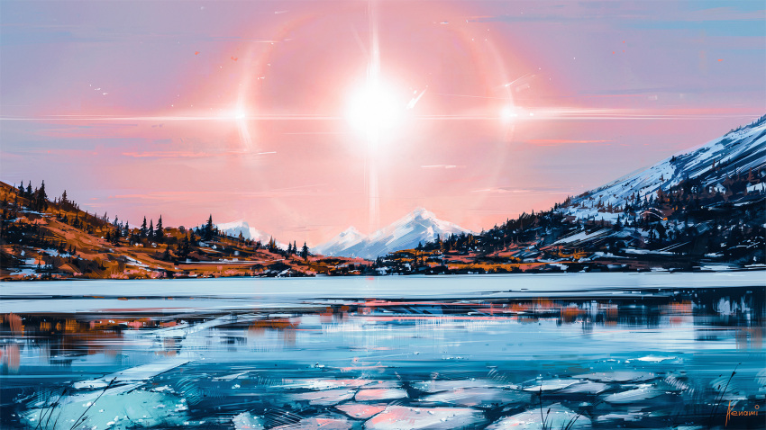 aenamiart, artist_name, blue_sky, commentary, english_commentary, frozen_lake, gradient_sky, highres