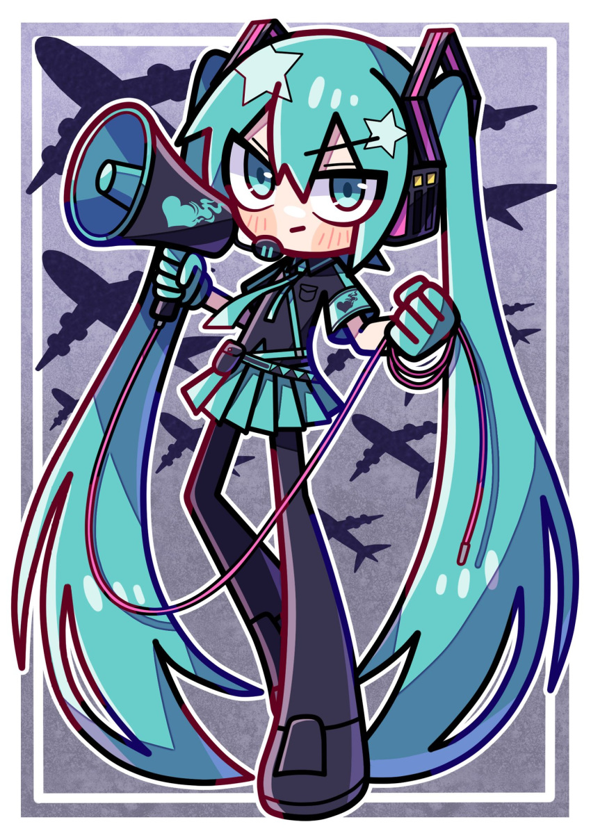 1girl, aircraft, airplane, akina_mochi, aqua_eyes, aqua_gloves, aqua_hair, aqua_neckerchief