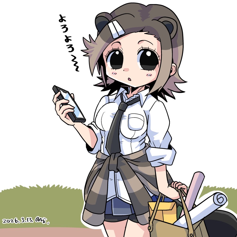 1girl, animal_ears, bag, beaver_ears, beaver_girl, black_eyes, brown_hair, cellphone