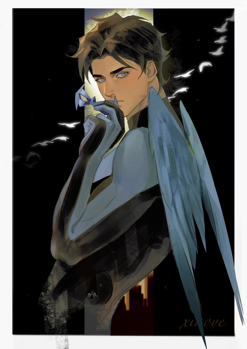 1boy, angel_wings, arm_up, batman_(series), black_hair, blue_wings, bodysuit, border