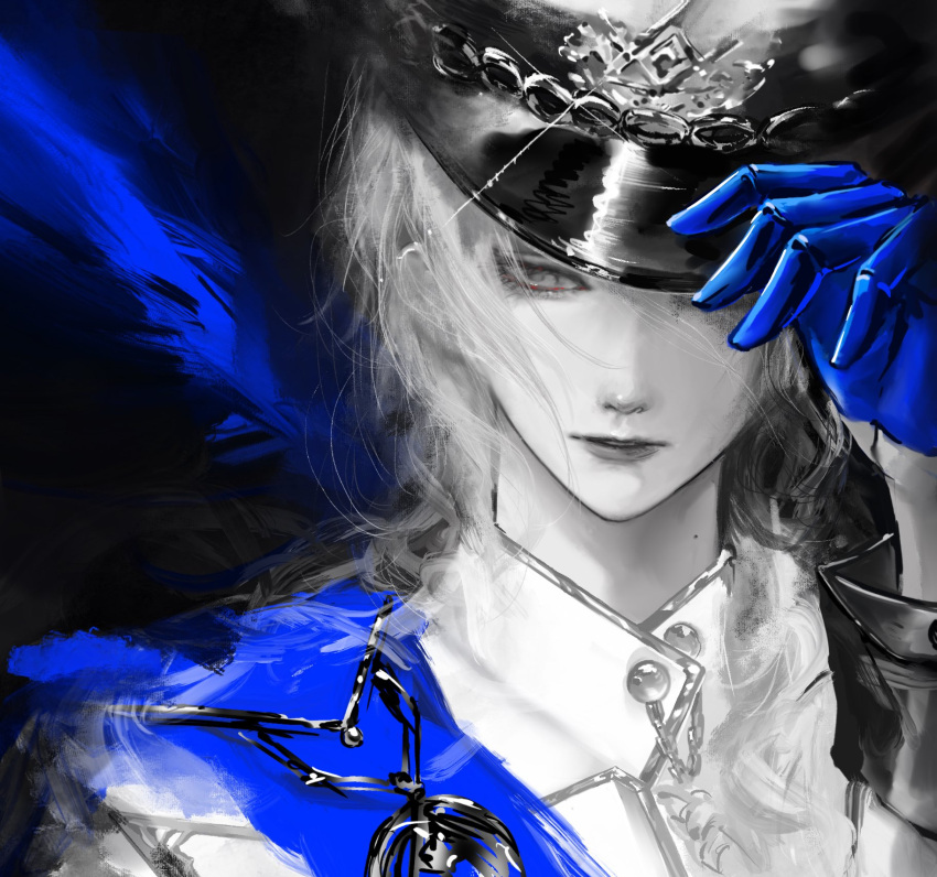 1girl, black_gloves, commentary, gloves, greyscale, hair_over_one_eye, hand_up, hat, highres, langley_(path_to_nowhere), looking_at_viewer, military_hat, monochrome, parted_lips, path_to_nowhere, portrait, solo, spot_color, untranslatable_commentary, zznuru