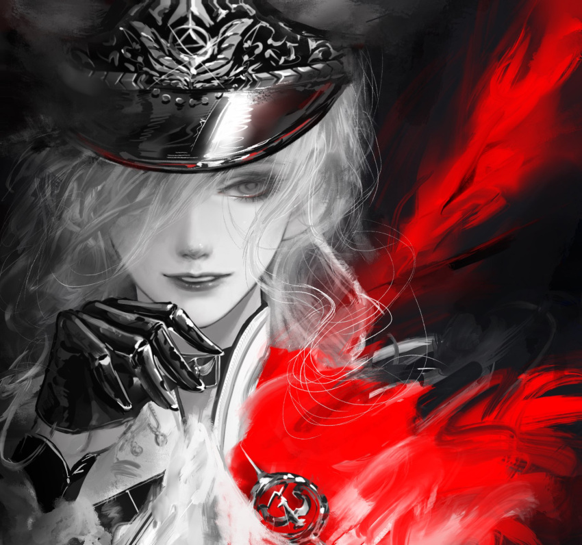 1girl, augustus_(path_to_nowhere), black_gloves, commentary, gloves, greyscale, hair_over_one_eye, hand_up, hat, highres, looking_at_viewer, military_hat, monochrome, parted_lips, path_to_nowhere, portrait, solo, spot_color, untranslatable_commentary, zznuru