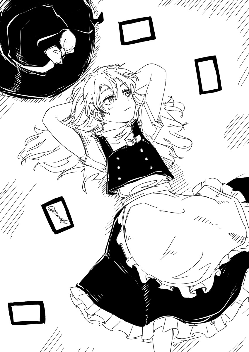 100th_black_market, 1girl, ability_card_(touhou), absurdres, apron, bow, closed_mouth, commentary, frilled_skirt, frills, greyscale, hat, hat_bow, highres, kirisame_marisa, long_hair, lying, ma_(22mabo), missing_headwear, monochrome, on_back, short_sleeves, skirt, solo, touhou, twitter_username, unworn_headwear, vest, waist_apron, witch_hat