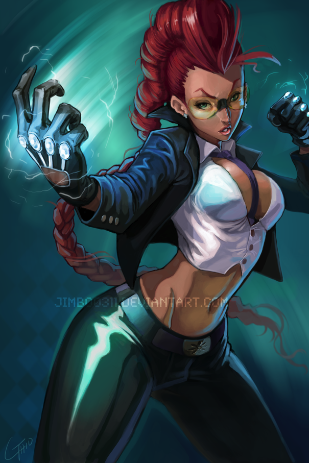capcom, cleavage, crimson_viper, dark_skin, electricity, fighting_stance, gloves, green_eyes