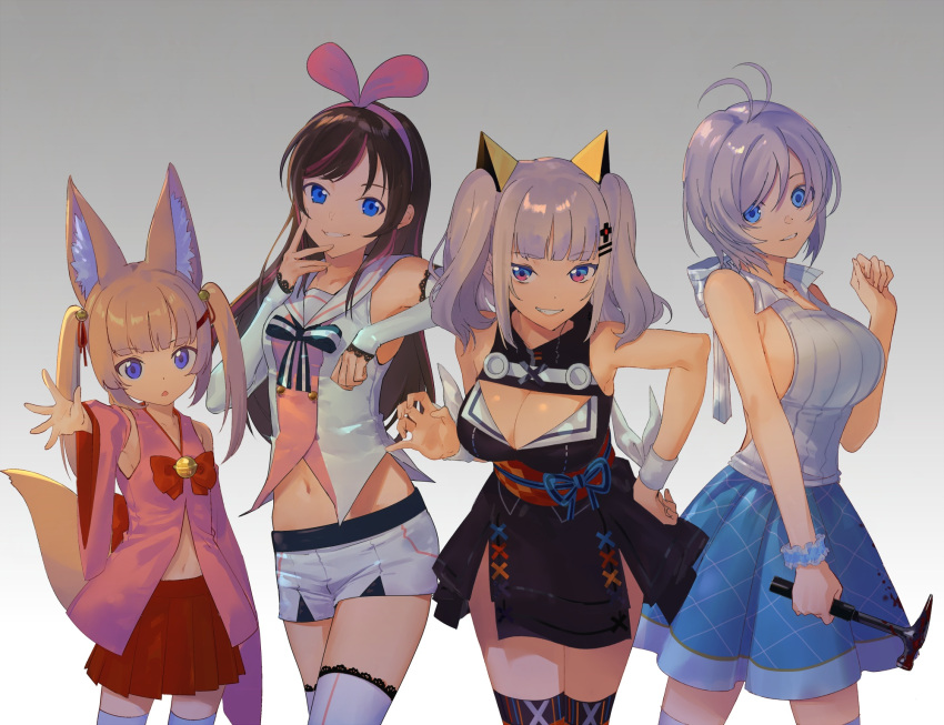 blue_eyes, brown_hair, detached_sleeves, grin, highres, kizuna_ai, long_hair, navel