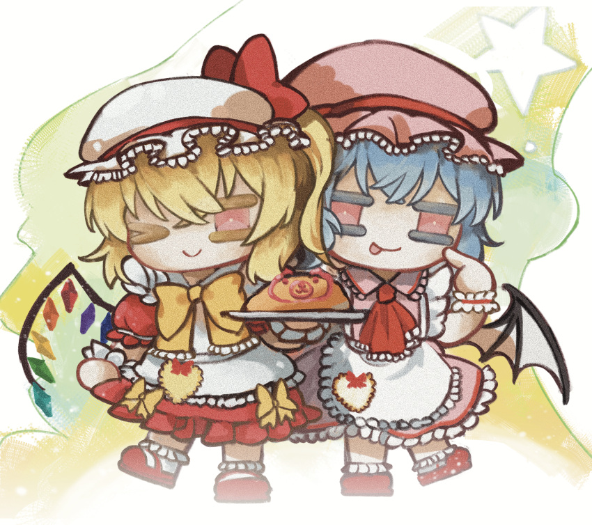 2girls, :p, apron, ascot, blonde_hair, blue_hair, bow, bowtie