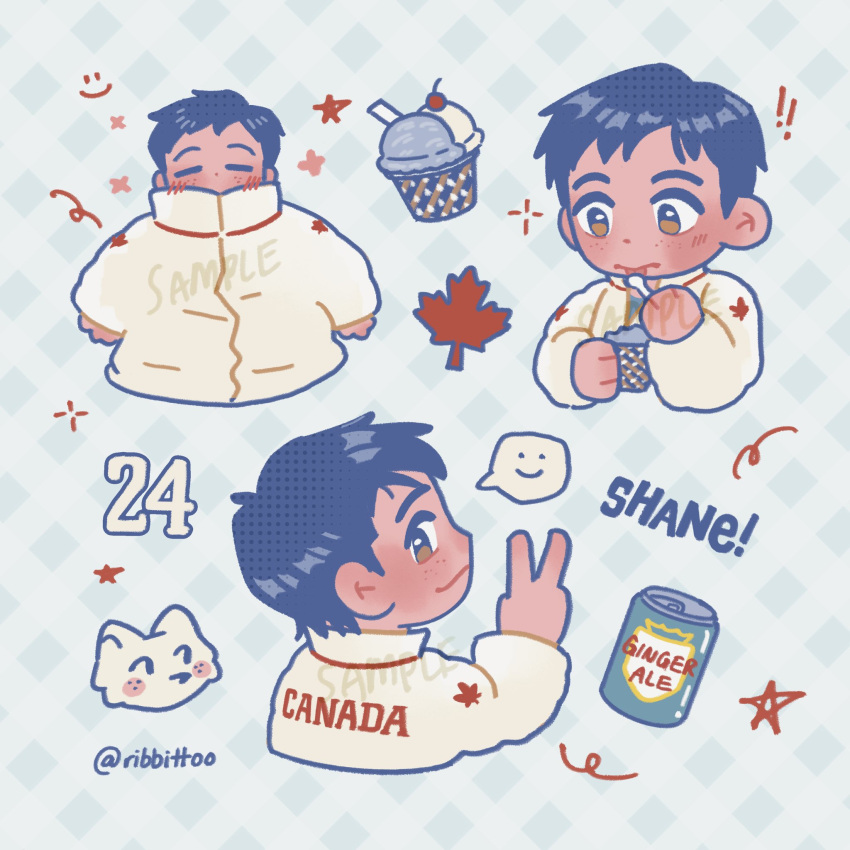 !, !!, 1boy, animification, black_hair, blush, blush_stickers, brown_eyes, can, canada, cherry, closed_mouth, commentary, cup, down_jacket, drink_can, english_commentary, food, fruit, ginger_ale, heated_rivalry, highres, holding, holding_cup, holding_spoon, ice_cream, ice_cream_float, jacket, leaf, male_focus, maple_leaf, multiple_views, ribbittoo, shane_hollander, short_hair, smiley_face, soda_can, speech_bubble, spoken_expression, spoon, star_(symbol), twitter_username, v, white_jacket