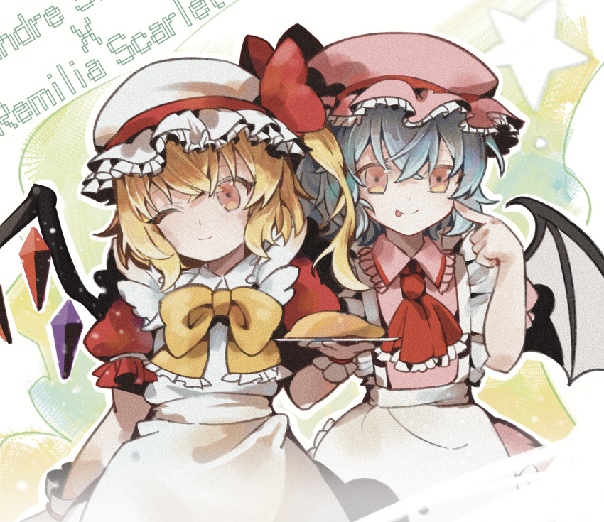2girls, :p, apron, ascot, bat_wings, blonde_hair, blue_hair, bow