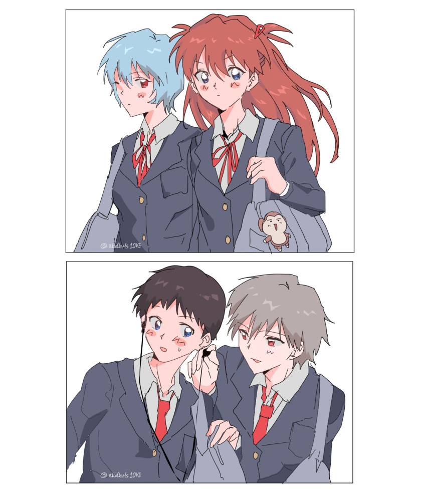 2boys, 2girls, ayanami_rei, bag, blue_eyes, blue_hair, blush, border, brown_hair, collared_shirt, commentary_request, earphones, grey_hair, highres, ikari_shinji, jacket, korean_commentary, long_hair, multiple_boys, multiple_girls, nagisa_kaworu, neck_ribbon, necktie, neon_genesis_evangelion, open_mouth, red_eyes, red_necktie, ribbon, shirt, short_hair, shoulder_bag, simple_background, single_earphone_removed, souryuu_asuka_langley, twitter_username, upper_body, white_background, white_border, white_shirt, zkdhtls10ve
