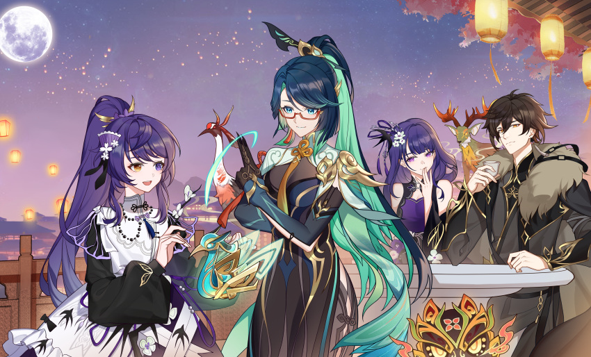 3girls, absurdres, alternate_costume, animal, bare_shoulders, bird, bird_boy, bird_girl