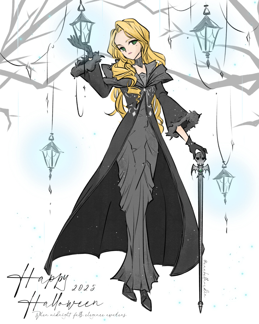 1girl, 2025, absurdres, anabellnordin, artist_name, bare_tree, black_choker, black_coat, black_dress, black_shoes, blonde_hair, cane, choker, coat, collarbone, commentary, dress, english_text, full_body, fur_trim, green_eyes, halloween, happy_halloween, head_tilt, highres, holding, lantern, long_dress, long_hair, long_sleeves, looking_at_viewer, mole, mole_under_eye, original, pink_lips, shoes, signature, skull, solo, standing, thick_lineart, tree, white_background, wide_sleeves