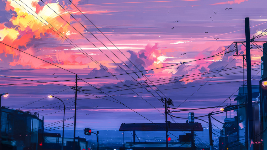 aenamiart, artist_name, bird, building, city_lights, cityscape, clouds, commentary, dusk, english_commentary, flock, gradient_sky, highres, lamppost, orange_sky, original, outdoors, painterly, pink_sky, power_lines, purple_sky, scenery, sky, traffic_light, utility_pole, yellow_sky