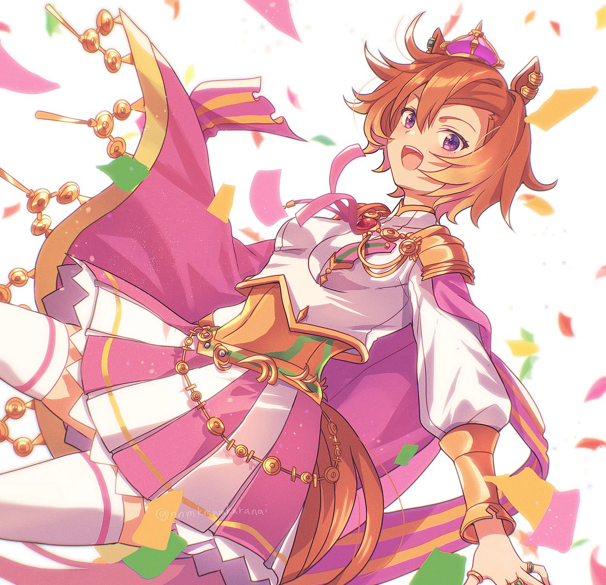 1girl, animal_ears, armor, blush, breasts, cape, commentary, confetti