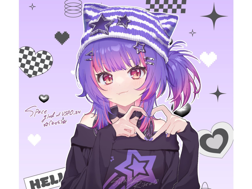 1girl, bare_shoulders, beanie, black_choker, black_shirt, choker, closed_mouth, fang