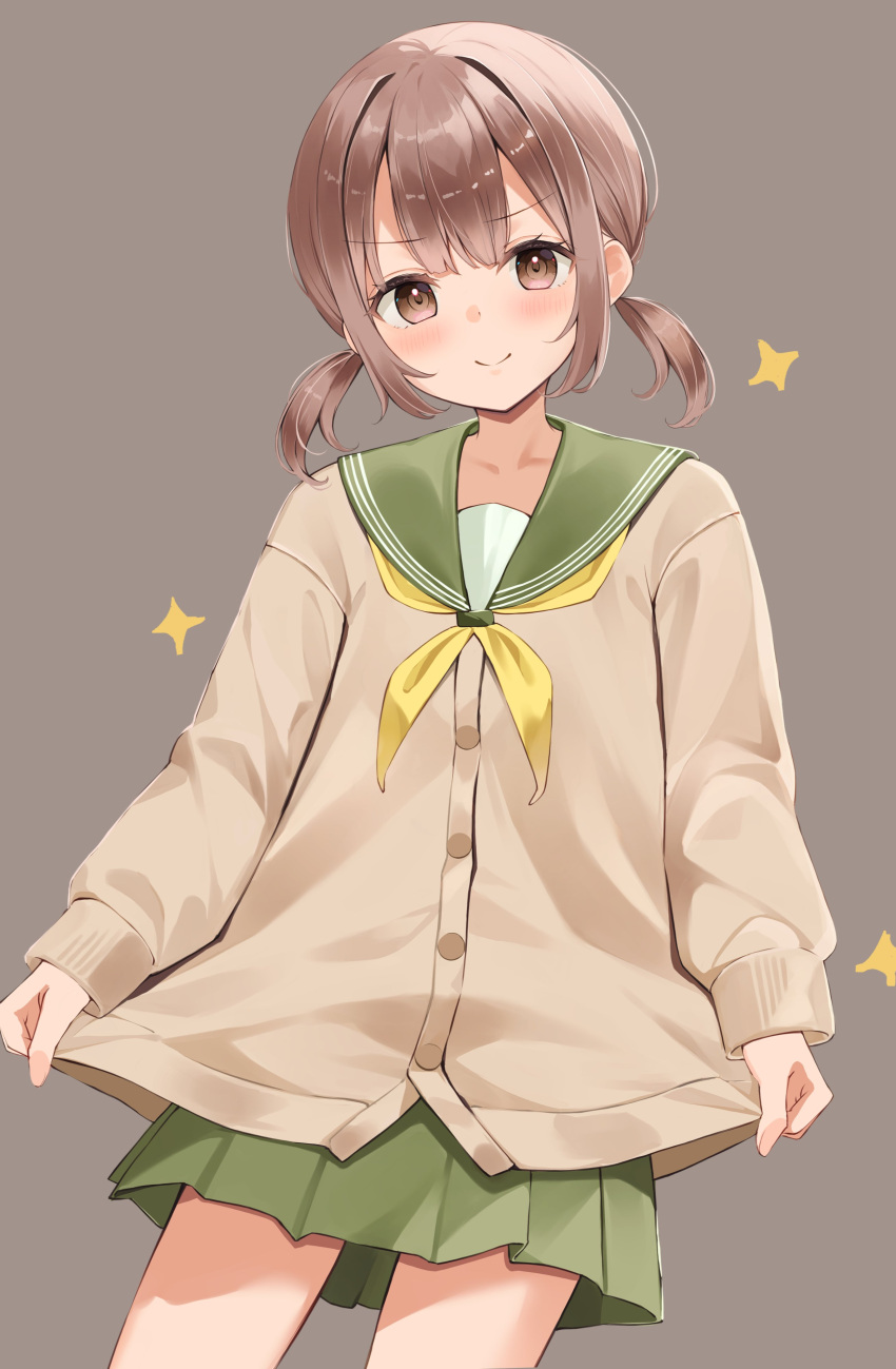 1girl, absurdres, blush, brown_background, brown_cardigan, brown_eyes, brown_hair, buttons