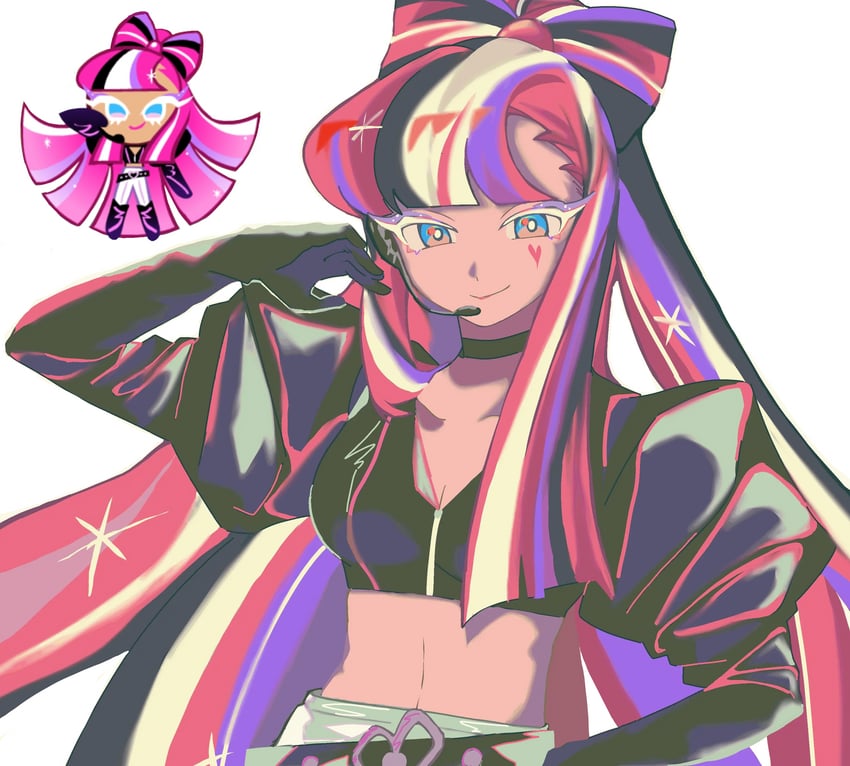 1girl, belt, black_hair, black_shirt, bow-shaped_hair, choker, colored_eyelashes, cookie_run, crop_top, eyelashes, glitter, glitter_in_hair, glitter_makeup, headset, heart, humanization, long_hair, long_sleeves, looking_at_viewer, midriff, multicolored_hair, navel, pink_eyes, pink_hair, purple_hair, shining_glitter_cookie, shirt, simple_background, smile, solo, stomach, straight-on, streaked_hair, third-party_source, upper_body, white_background, white_eyelashes, white_hair, yakameee
