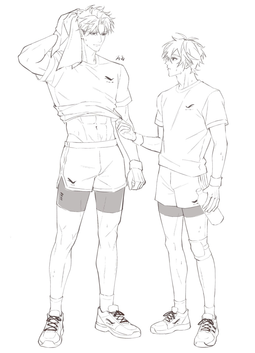 2boys, 3195417252aniki, abs, bags_under_eyes, bike_shorts, bike_shorts_under_shorts, bottle, clothes_pull