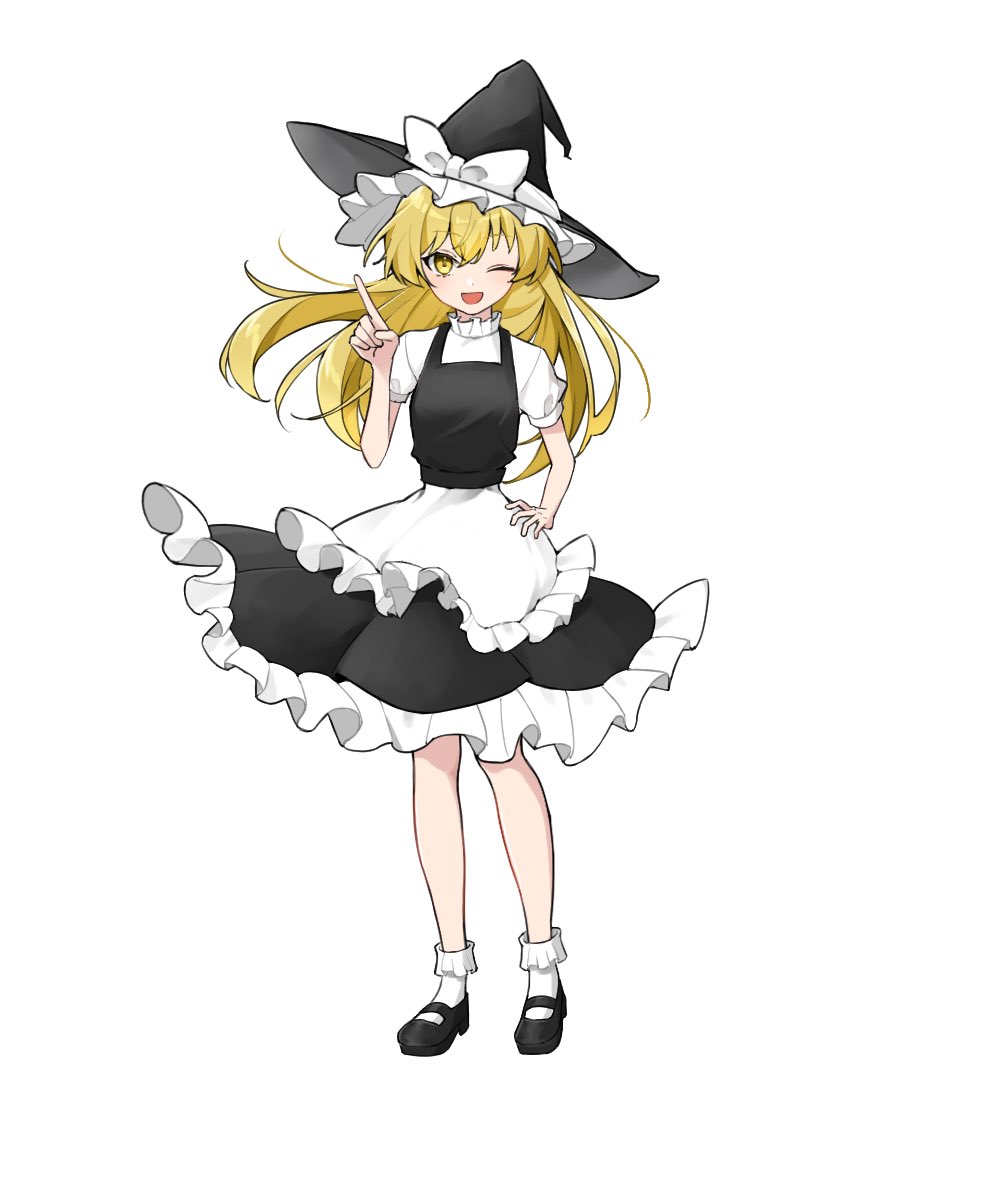 1girl, apron, black_hat, black_shoes, black_skirt, black_vest, blonde_hair, bow