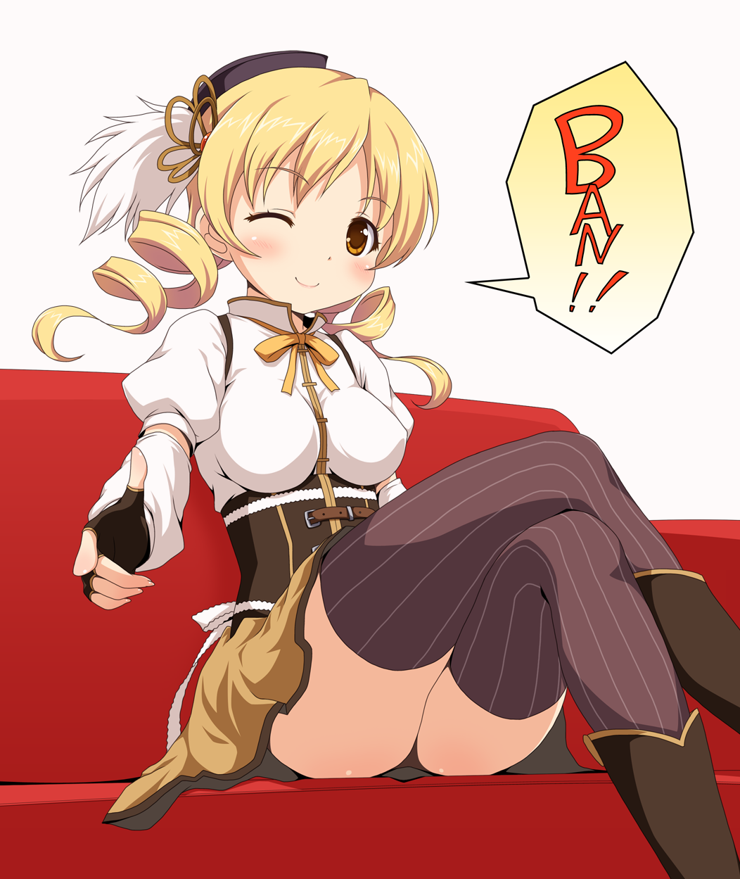 bang, blonde_hair, couch, crossed_legs, drill_hair, finger_gun, fingerless_gloves, gloves