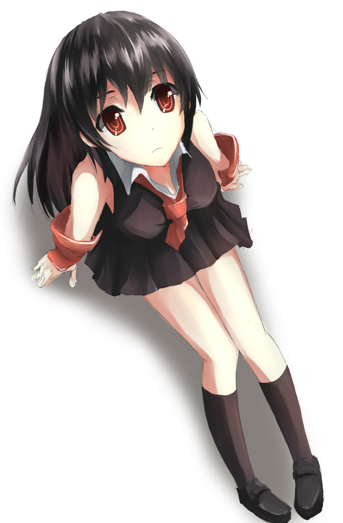 1girl, akame_(akame_ga_kill!), akame_ga_kill!, bare_shoulders, black_hair, commentary_request, enatetsu, gloves, hair_between_eyes, long_hair, necktie, red_eyes, shirt, simple_background, skirt, sleeveless, solo, vambraces