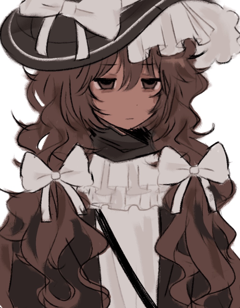 1girl, bow, brown_hair, brown_hat, brown_jacket, brown_scarf, closed_mouth, dark-skinned_female, dark_skin, dress, expressionless, frozen_soul, hair_bow, hat, hat_bow, jacket, long_hair, low_twintails, nashatra_bealdhild, princeloch, roblox, scarf, simple_background, solo, twintails, very_long_hair, wavy_hair, white_background, white_bow, white_dress