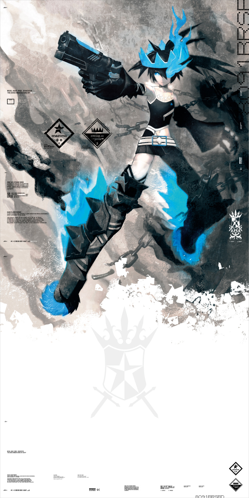 absurdres, black_hair, black_rock_shooter, black_rock_shooter_(character), black_rock_shooter_beast, blue_eyes, boots, crown