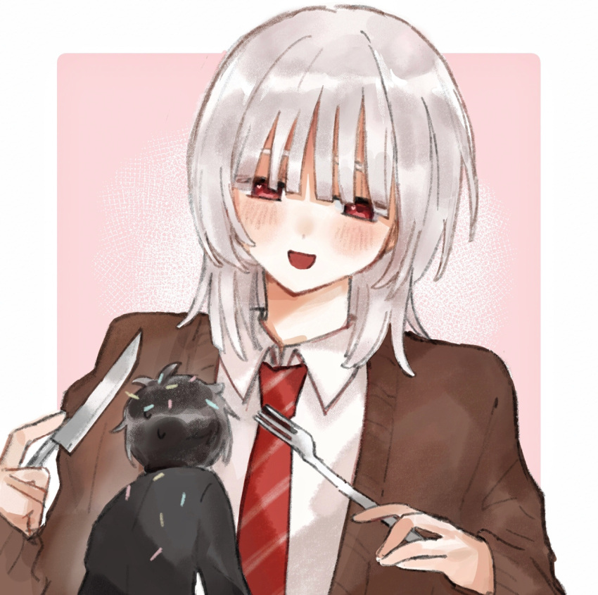 2boys, :d, akinashi_haru, black_hair, blush, brown_cardigan, cardigan, chinese_commentary