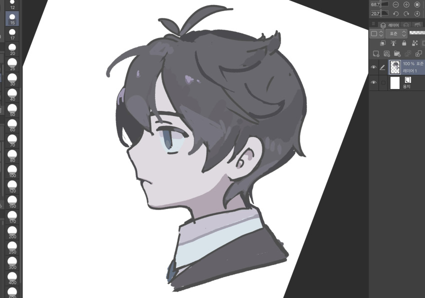 1boy, akinashi_haru, antenna_hair, art_program_in_frame, black_hair, blue_hair, closed_mouth, collared_shirt