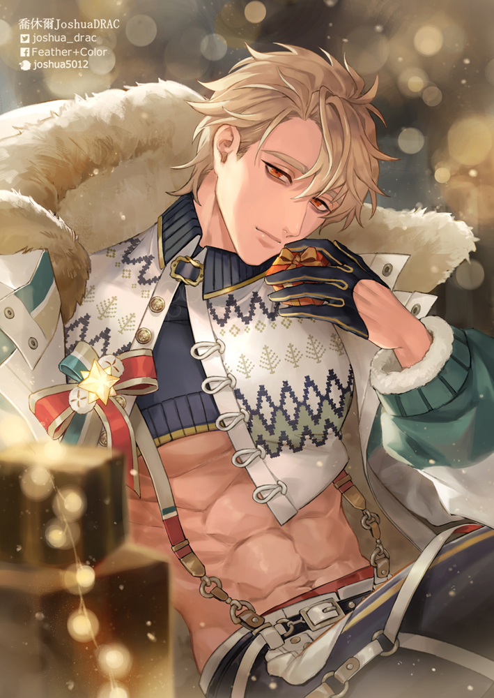 1boy, abs, abs_cutout, bags_under_eyes, belt, black_gloves, black_pants, black_shirt