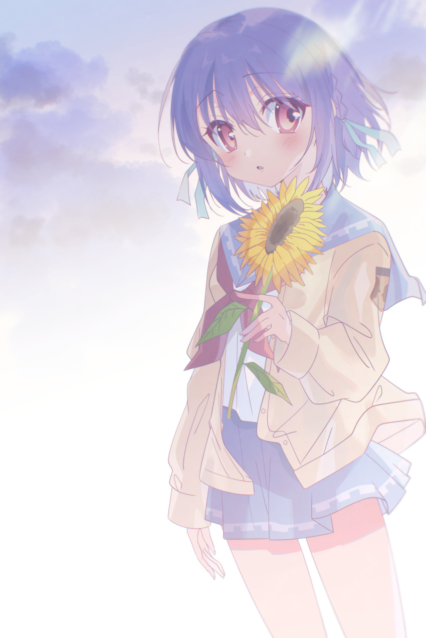 1girl, arm_at_side, blue_ribbon, blue_sailor_collar, blue_skirt, blush, braid, commentary_request
