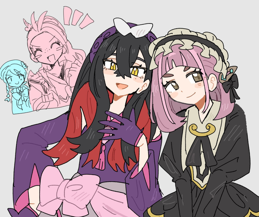 4girls, arched_bangs, black_bow, black_dress, black_hair, black_hairband, blush_stickers, bow