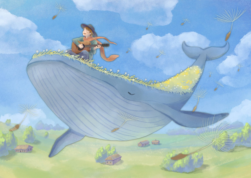 1boy, brown_hair, closed_eyes, clouds, commentary_request, dandelion_seed, day, flying_whale