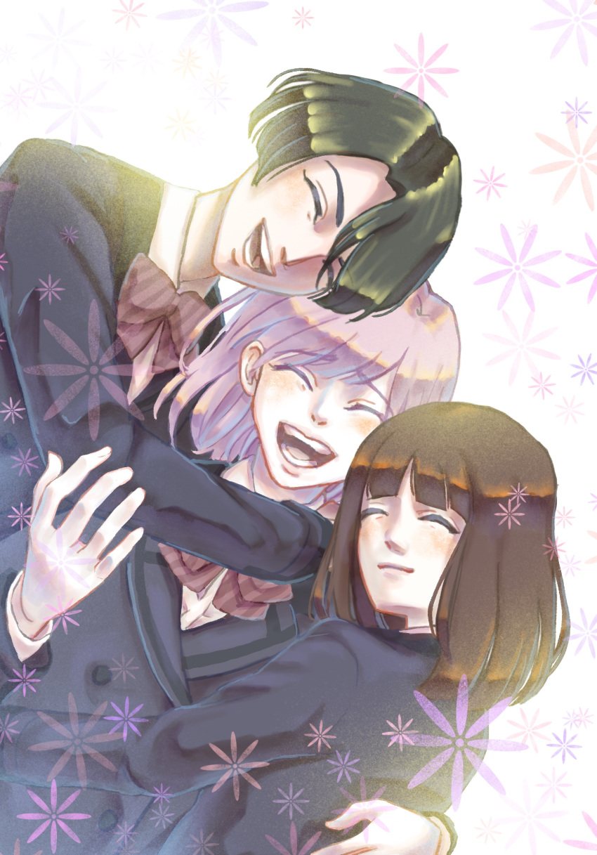 3girls, :d, bow, brown_hair, closed_eyes, commentary_request, hair_over_one_eye, hanatsubaki_karen