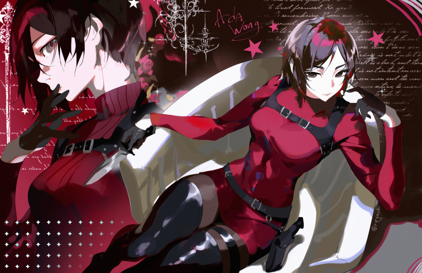 absurdres, ada_wong, black_gloves, black_hair, bodysuit, gloves, gun, highres