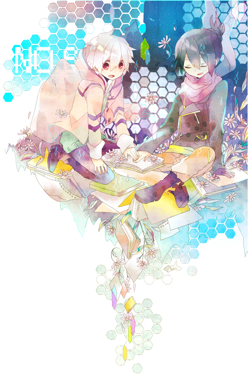aster_(flower), blue_hair, book, closed_eyes, coat, daisy, eyes_closed, facial_mark