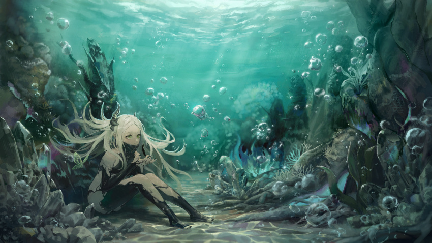 1girl, air_bubble, black_horns, black_nails, bubble, caustics, commentary_request, coral
